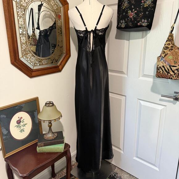 Ashro Black Satin & Sheer Mesh Gold Sequin Asymmetrical Maxi Lingerie Slip Dress - Picture 4 of 7